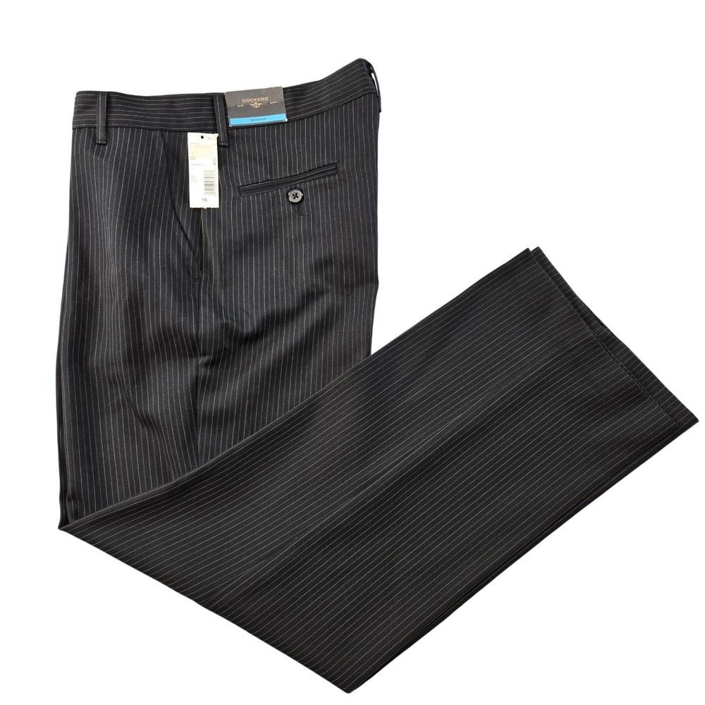 DOCKERS Pants Womens 16 Black Pinstripe Dress Pants Belted Pockets Zip